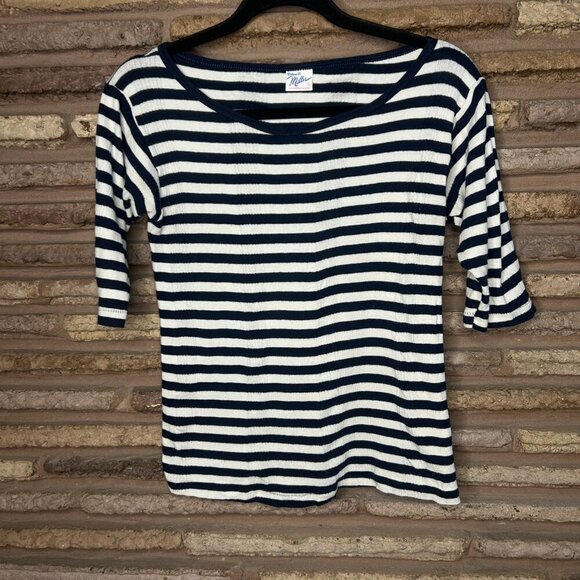 Robert P Miller Navy Blue White Striped 100% Cotton Ribbed Knit T-Shirt - Picture 6 of 7